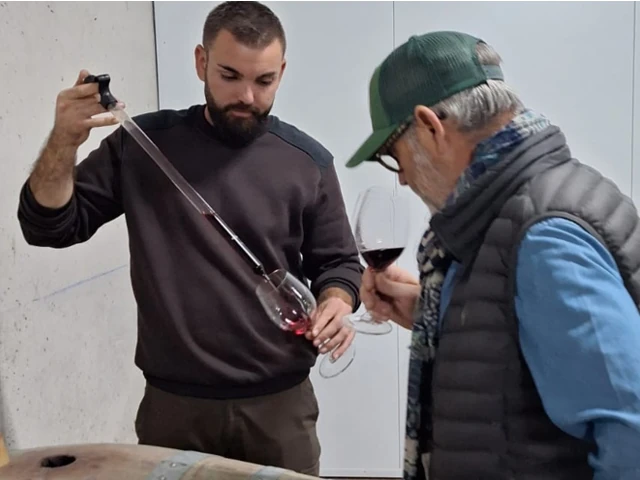 Deux hommes observent l'évolution de la maturation du vin. L'un verse du vin dans un verre à pied grâce à une longue pipette et le second observe et sent le bouquet le vin rouge dans son verre